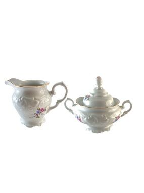 Vintage Wawel Rose Garden Cream and Sugar Set Pink & Blue Rose Floral Polish